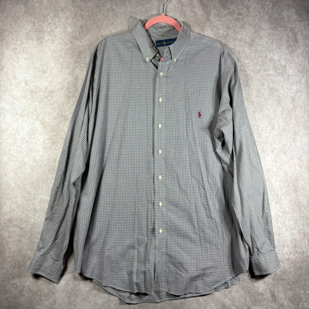 Ralph Lauren Button Down Shirt Men XLT Green Purple White Gingham Classic Cotton